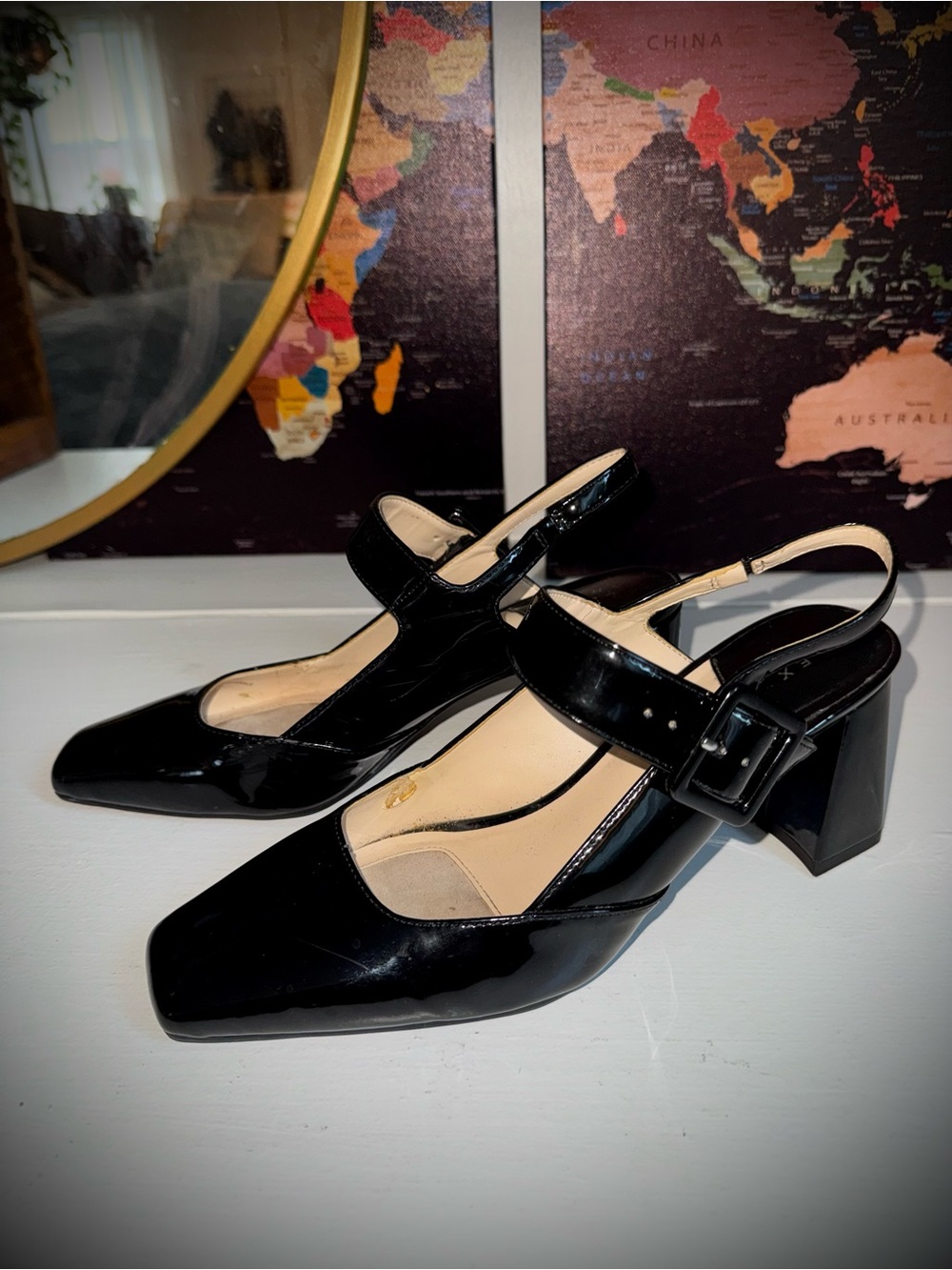 Alex Marie Black Patent Mary Jane Slingback Heels